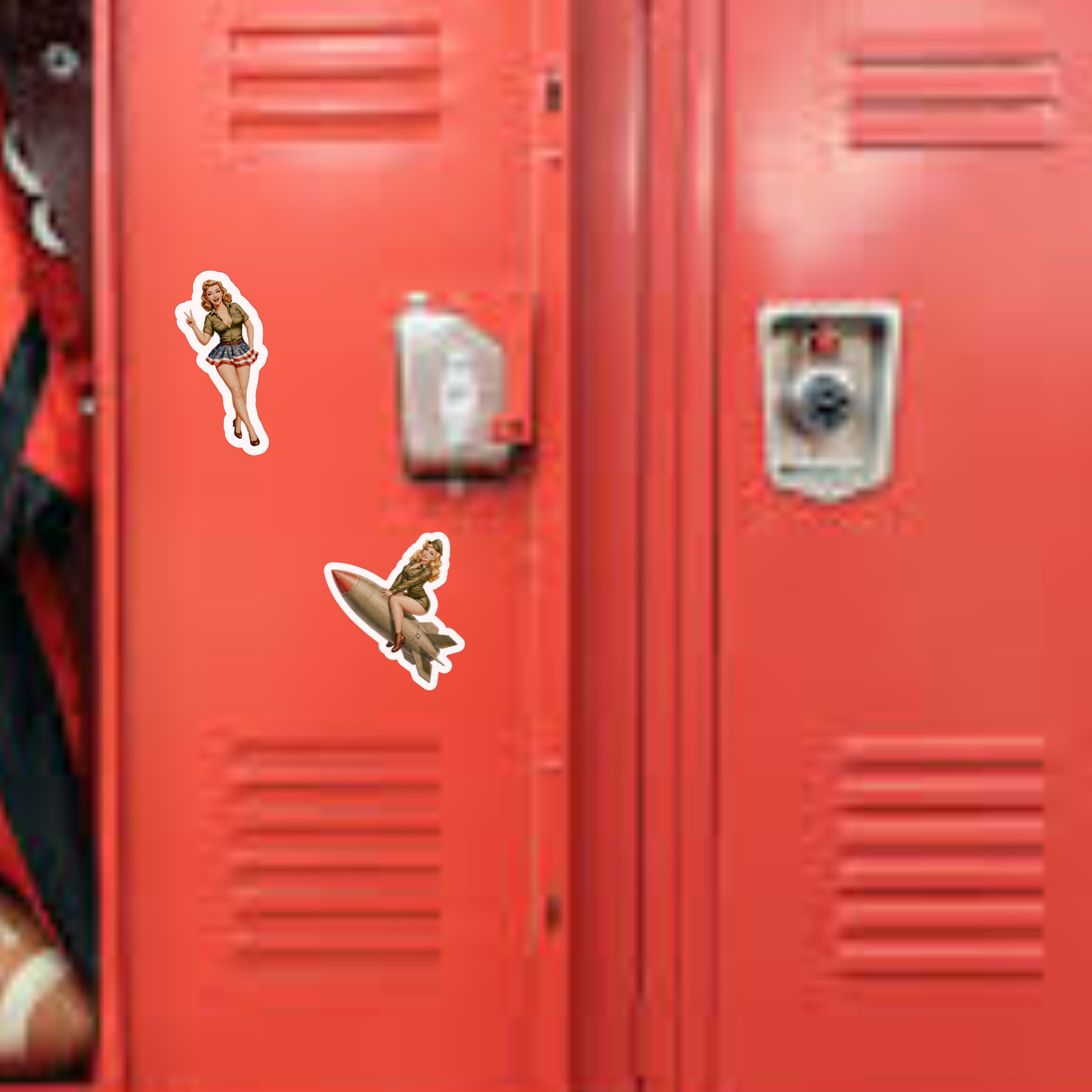 Red lockers with stickers of a person and a butterfly on a red background