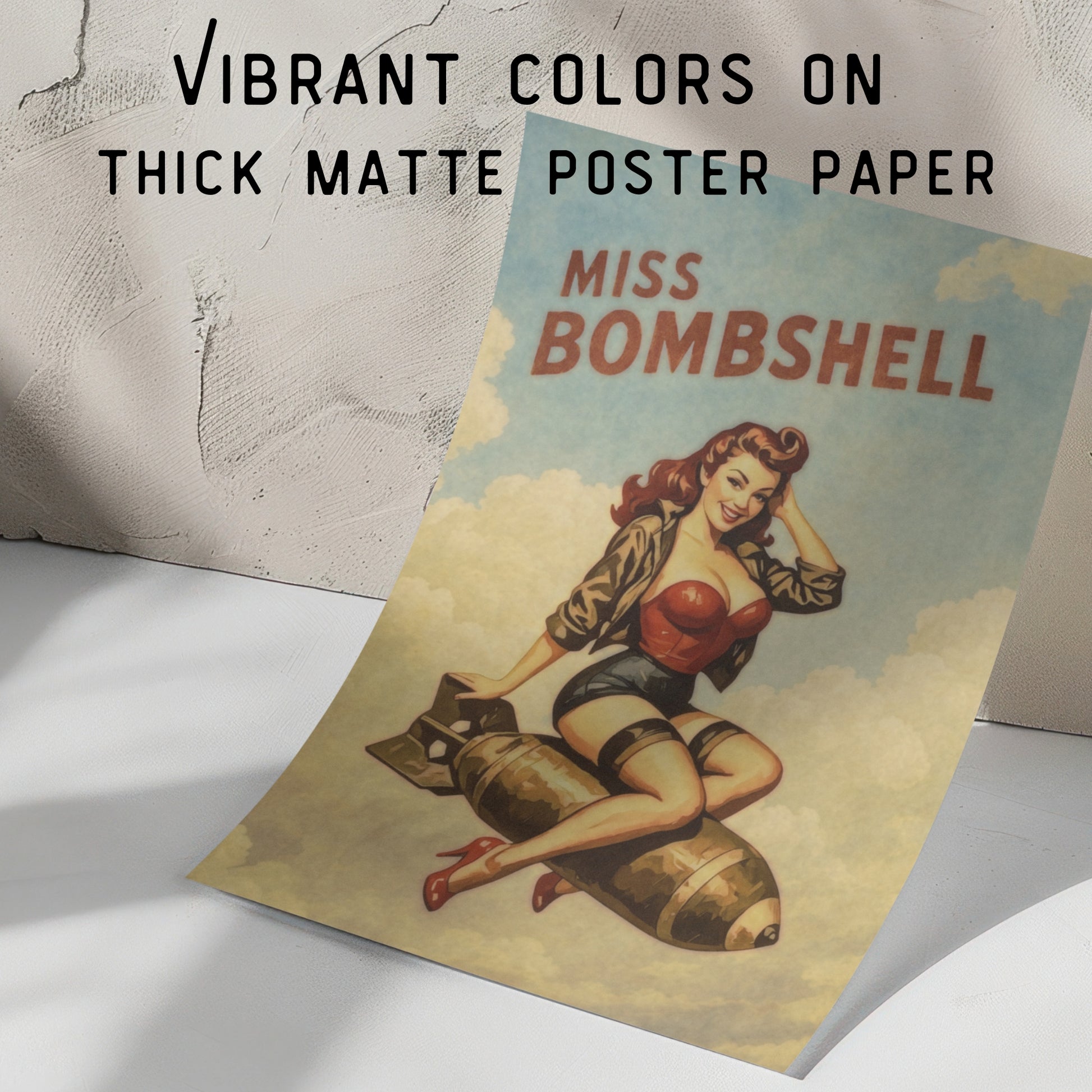 Vintage-style poster of a woman sitting on a bomb labeled 'Miss Bombshell' on thick matte paper.