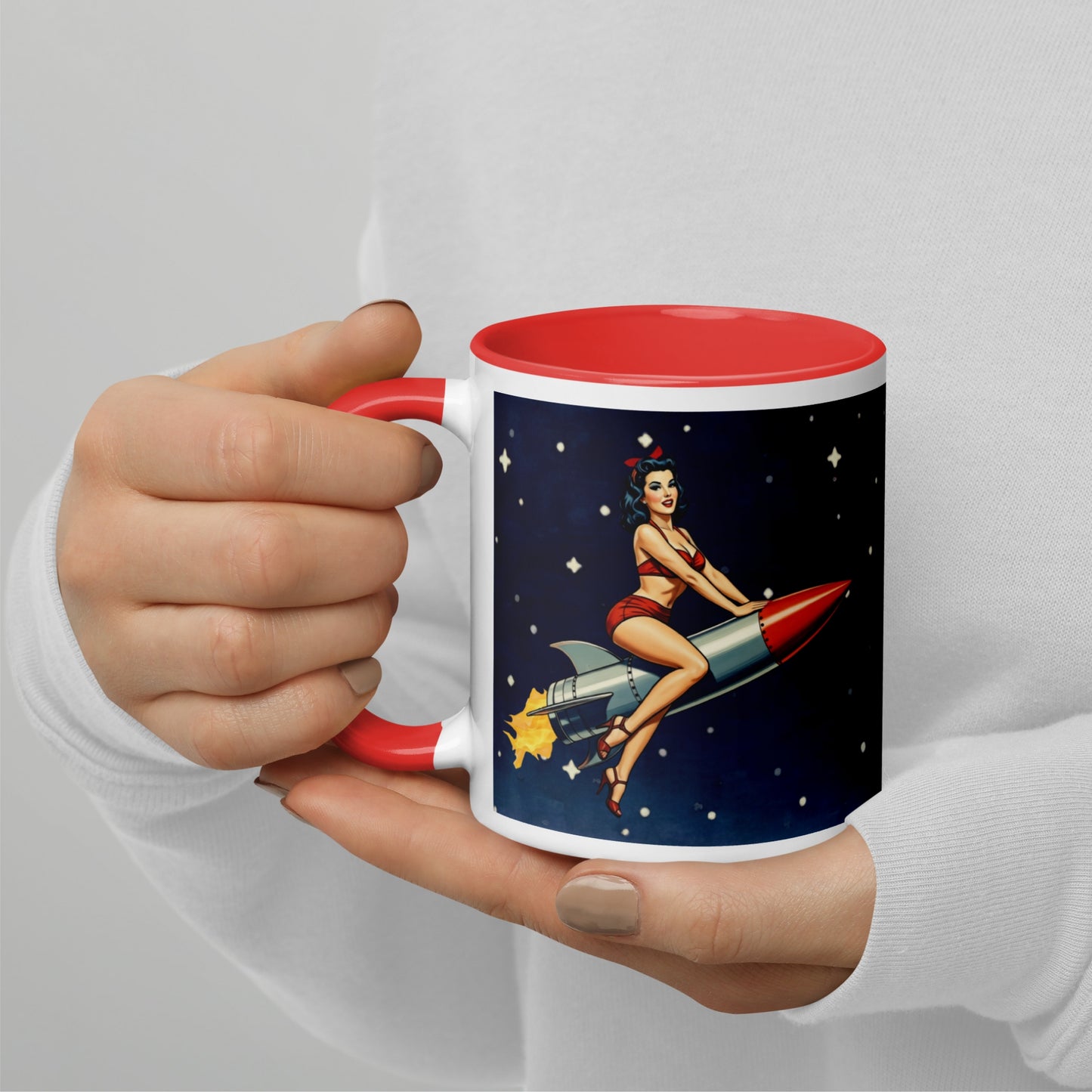 Retro Pin Up Rocket Mug | Vintage Space Girl Coffee Cup | Atomic Age Bombshell Art | Mid Century Sci-Fi Gift