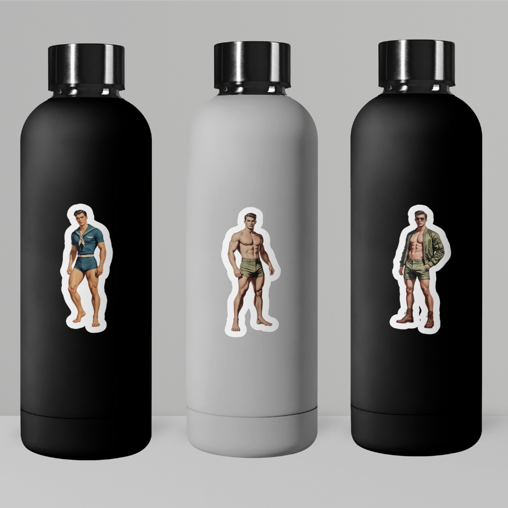 Three water bottles with different colored finishes, each featuring a sticker of a shirtless man in swim trunks.