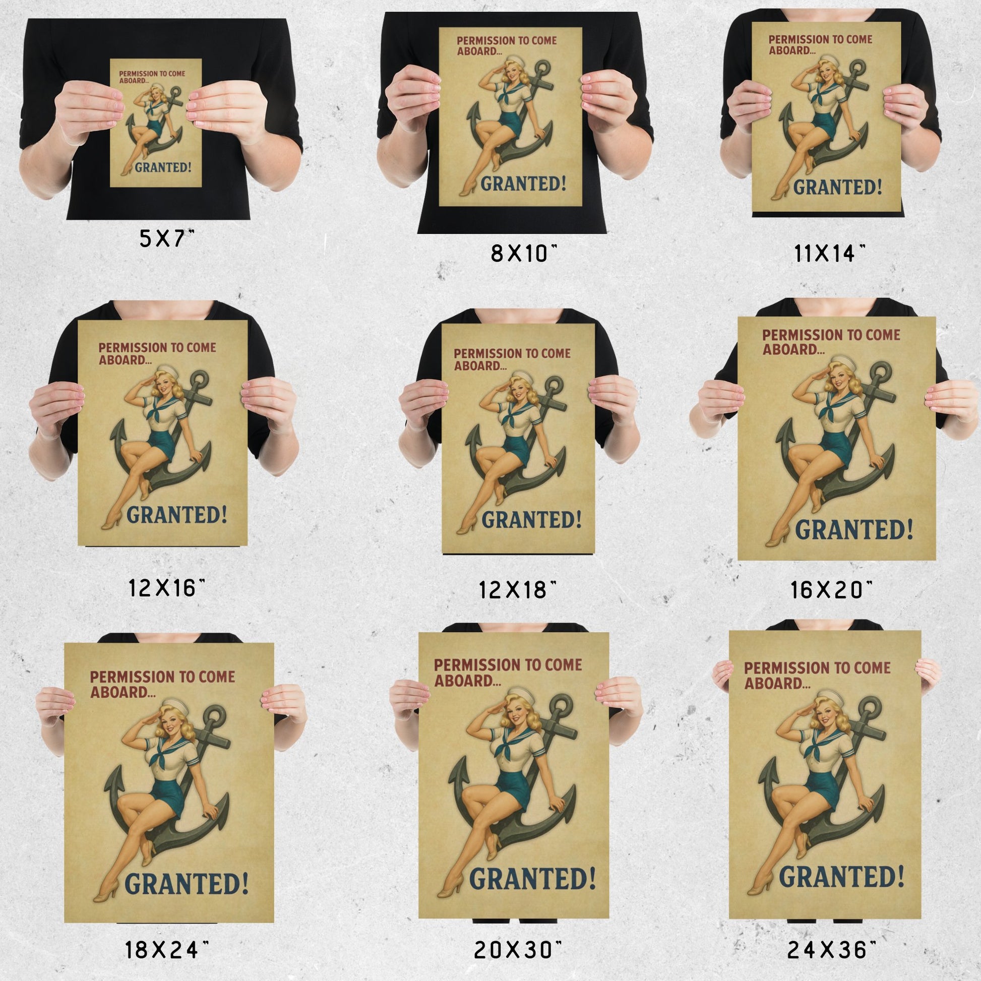 Set of posters with a vintage design of a woman holding an anchor and text 'Permission to come aboard. Granted!' displayed at different sizes.