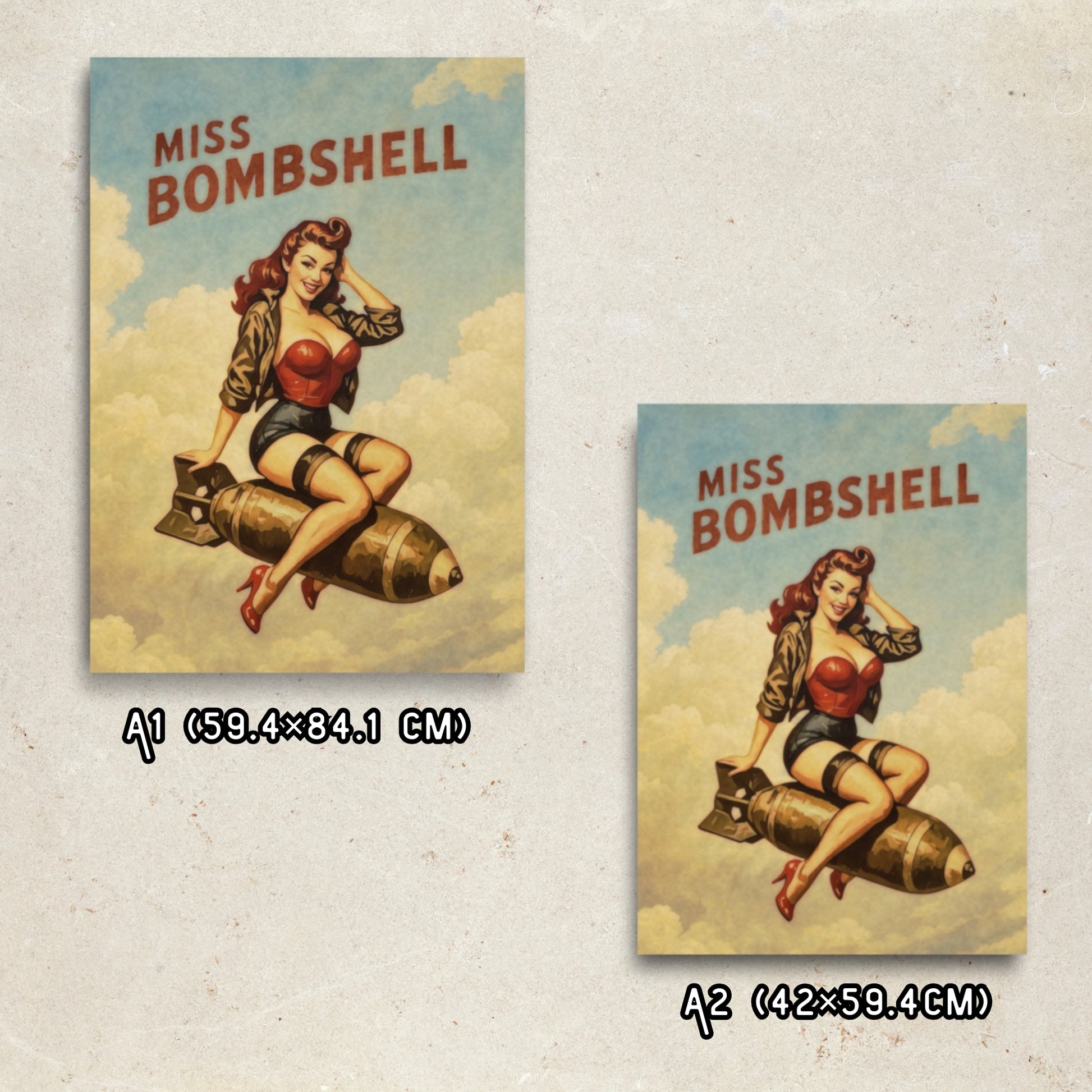 Two 'Miss Bombshell' posters on a textured wall background