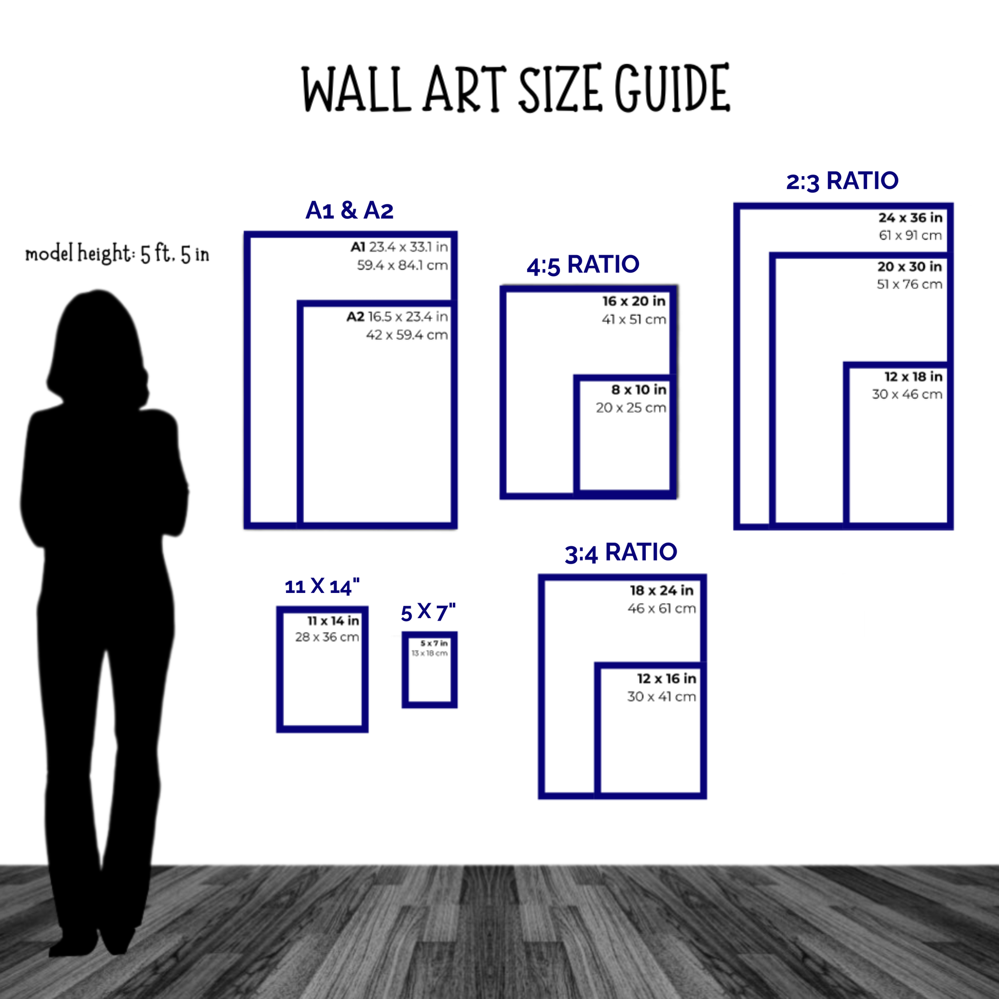 Wall art size guide with various frame dimensions and a silhouette of a person for scale.