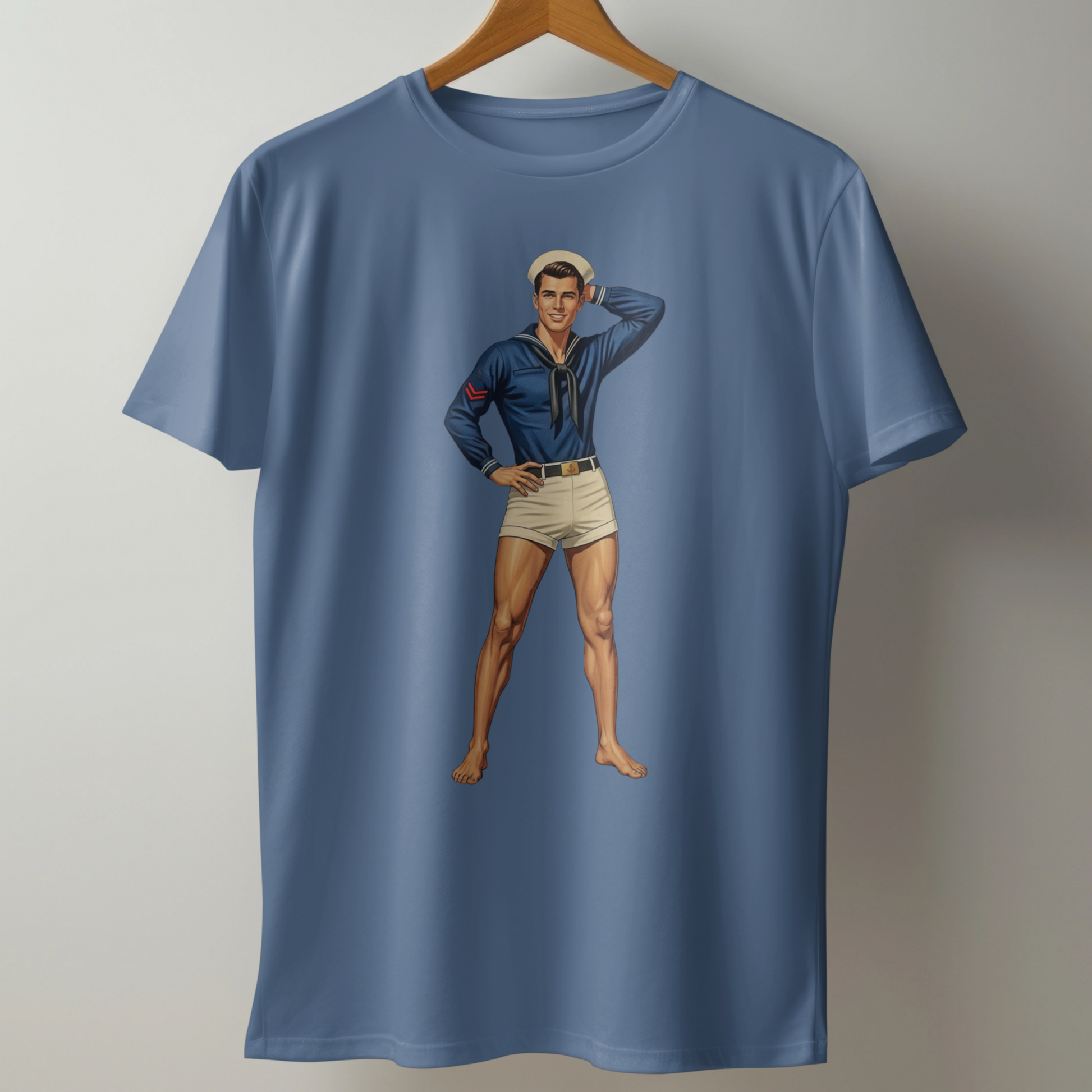 Blue t-shirt with a graphic of a man in a blue shirt and shorts on a hanger.