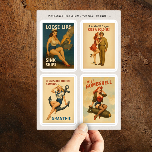 Set of vintage-style posters on a wooden surface