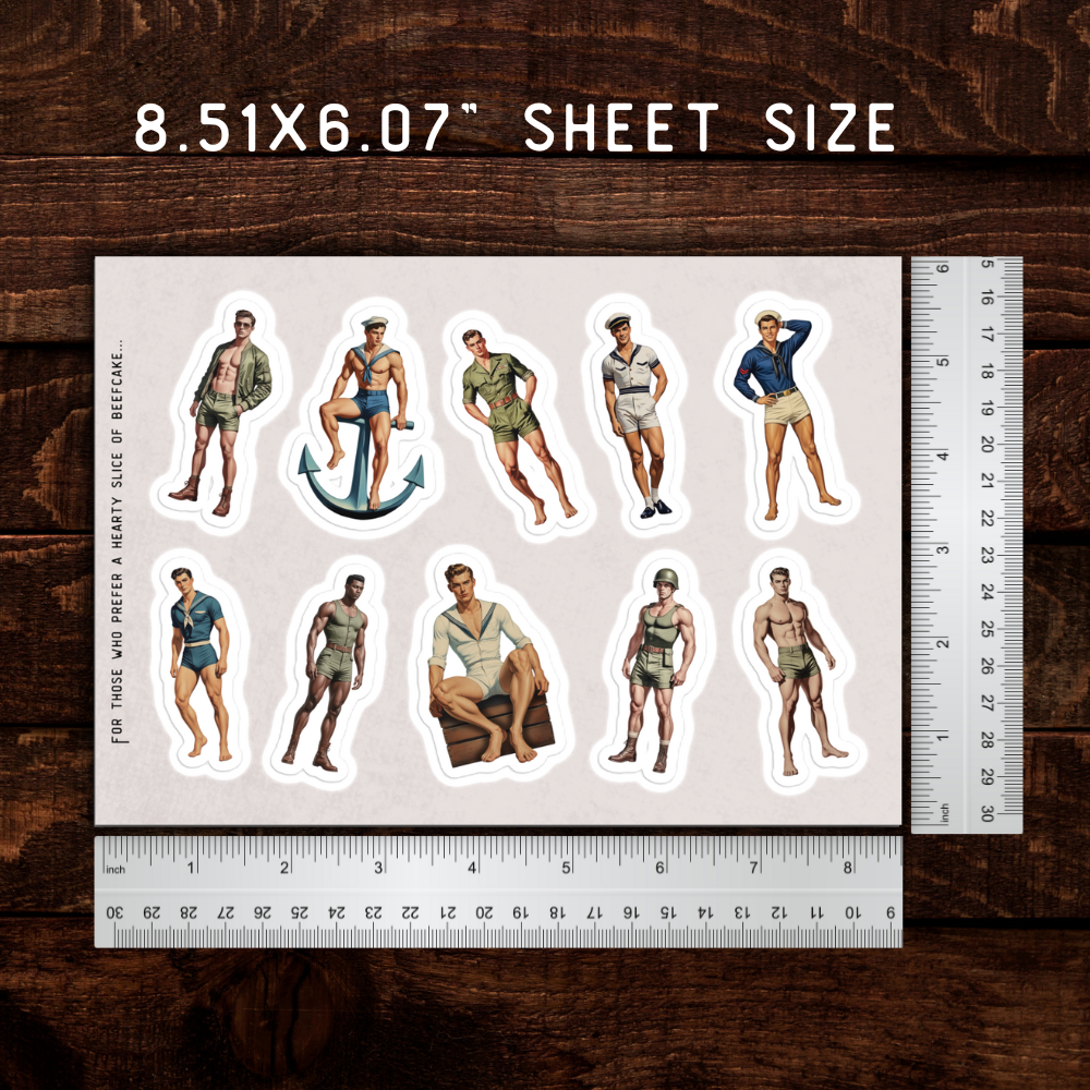 Sheet of illustrated stickers of a man in various poses on a wooden surface with a ruler for scale.