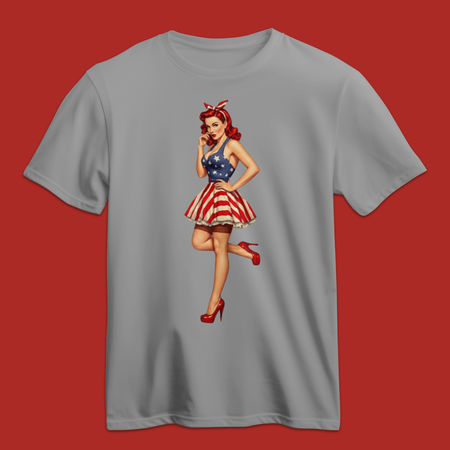 Gray t-shirt with a graphic of a woman in a patriotic outfit on a red background