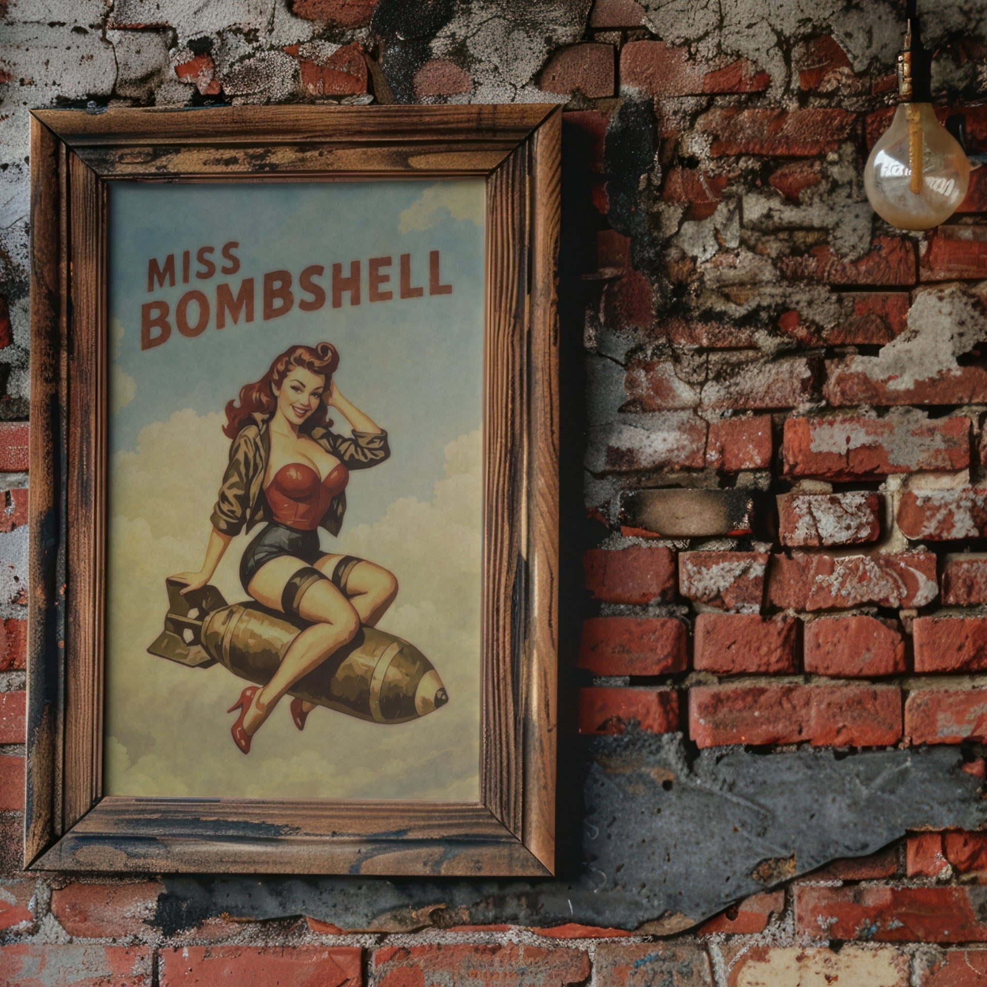 Framed poster of 'Miss Bombshell' on a brick wall.