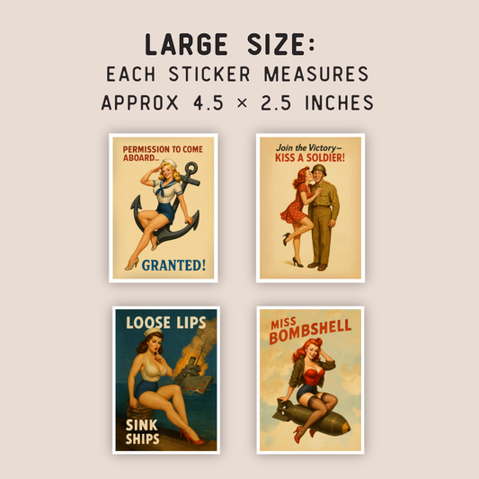 Four vintage-style poster stickers with text and illustrations on a beige background.
