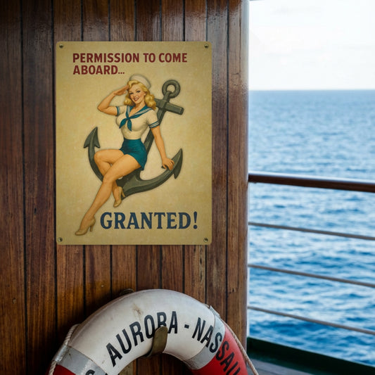 Vintage Pin Up Metal Sign Sailor Girl Nautical Wall Decor, 12x16