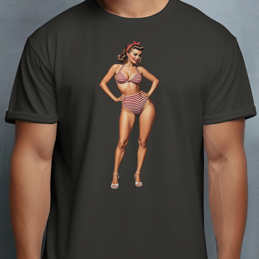 Black t-shirt with a graphic of a woman in a bikini on a gray background