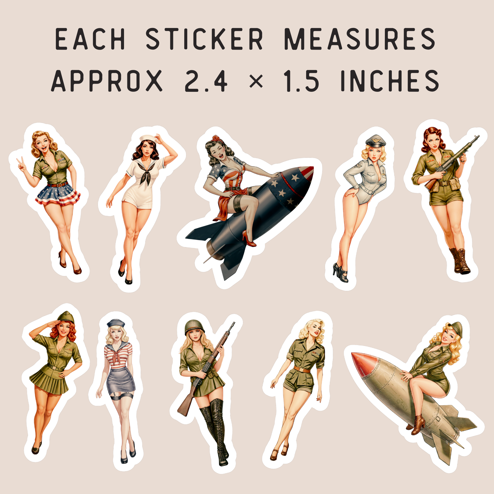 Set of vintage-style stickers featuring women in military uniforms and a rocket on a beige background.