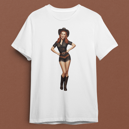White t-shirt with a graphic of a woman in a cowboy outfit on a brown background