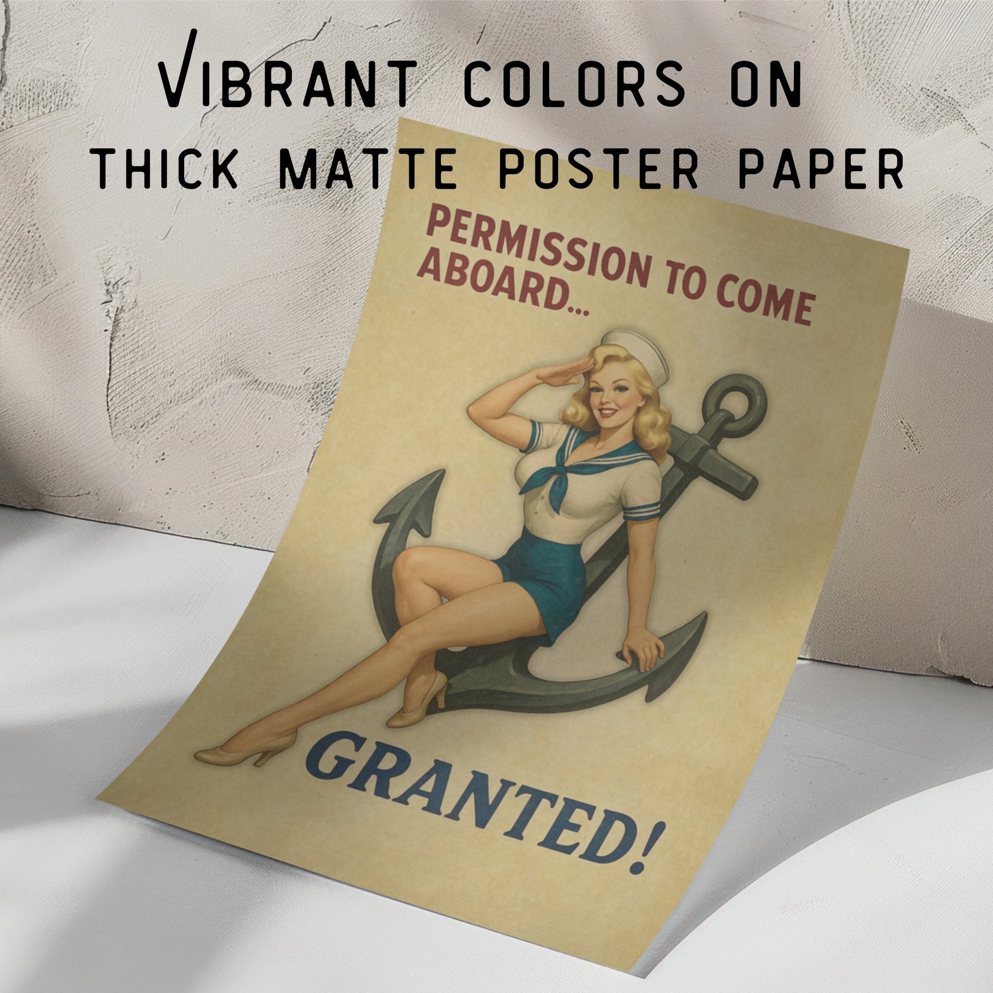Vintage-style poster with a pinup girl and anchor design on thick matte paper.