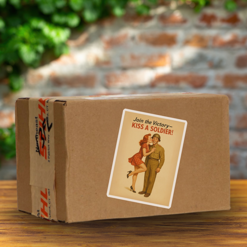 Cardboard box with a vintage-style poster sticker on a wooden surface