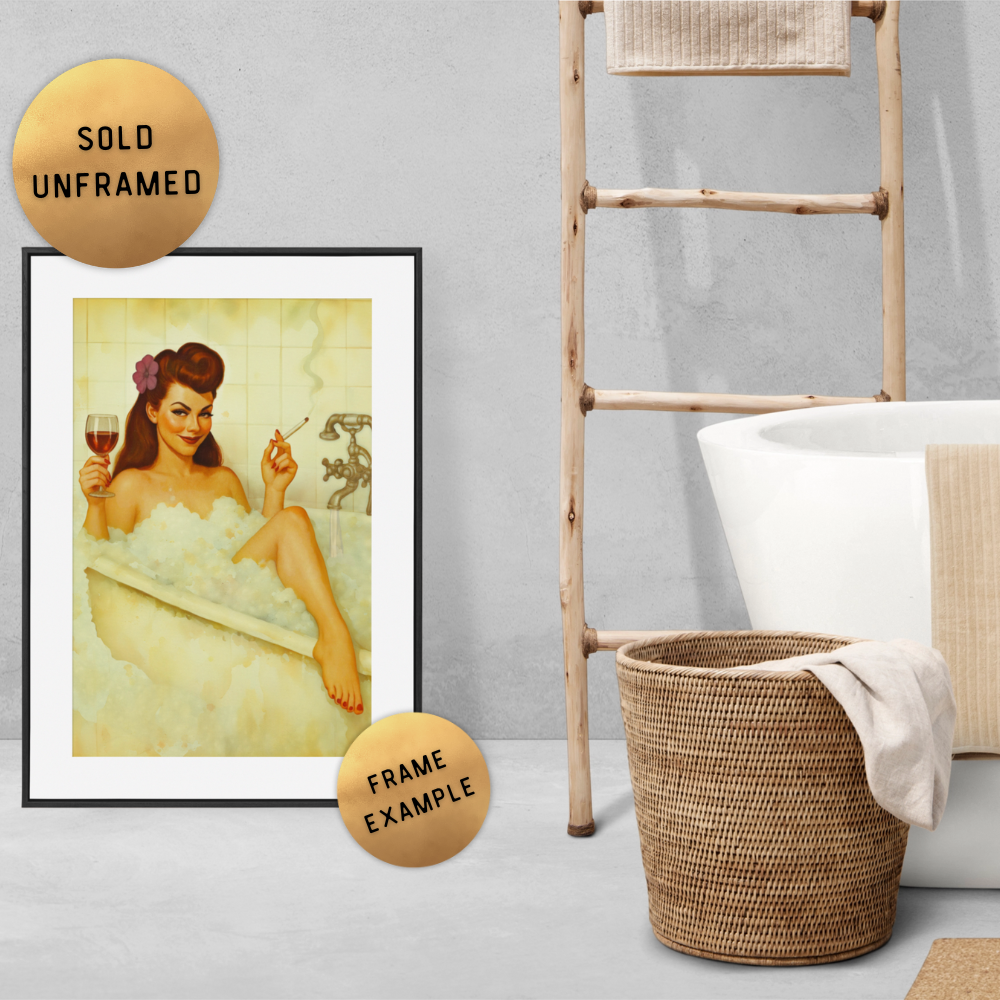 Framed artwork of a woman in a bathtub with a wicker basket and ladder in the background.