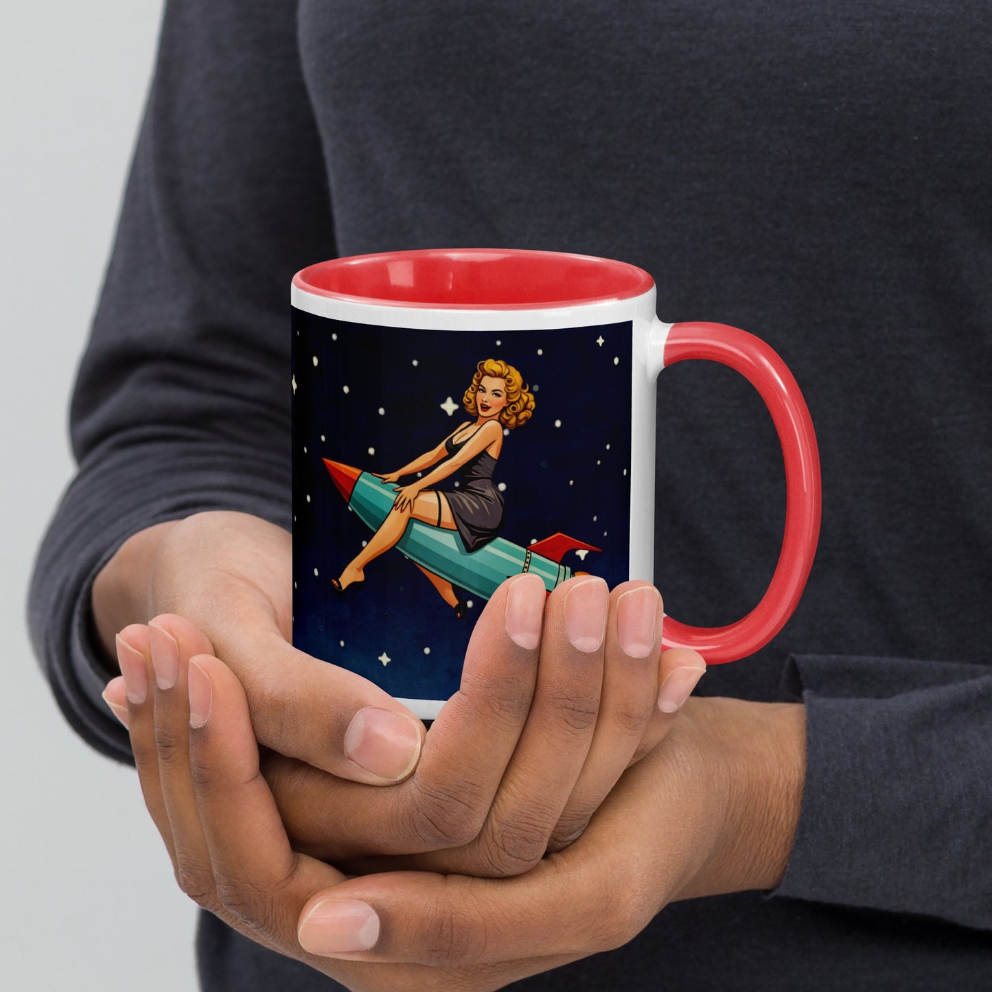 Retro Pin Up Rocket Mug | Vintage Space Girl Coffee Cup | Atomic Age Bombshell Art | Mid Century Sci-Fi Gift