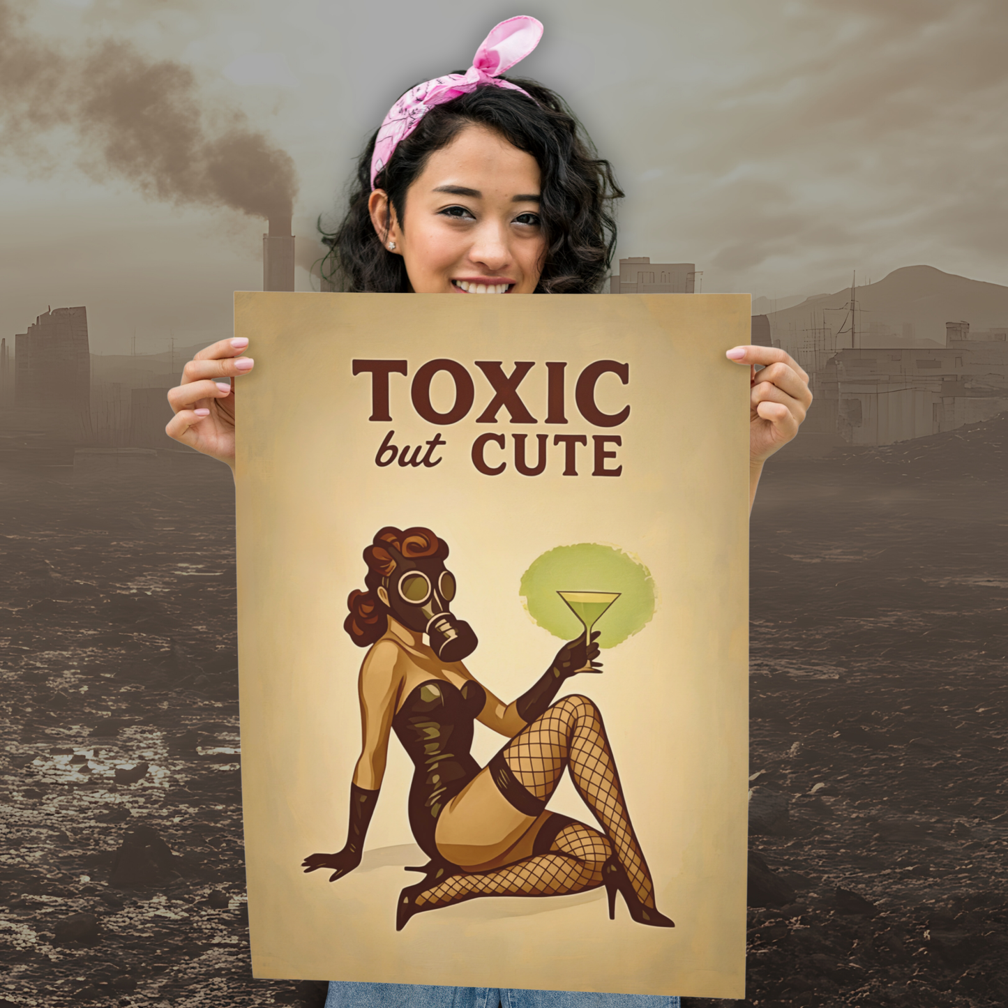 Person holding a poster with a stylized illustration of a woman in a gas mask and holding a cocktail, with text 'Toxic but Cute' against a desolate landscape.
