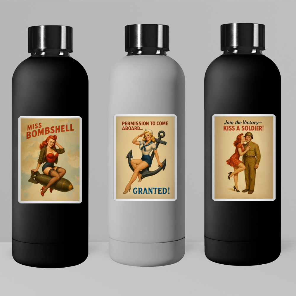 Three water bottles with vintage-style poster stickers on their lids against a gray background