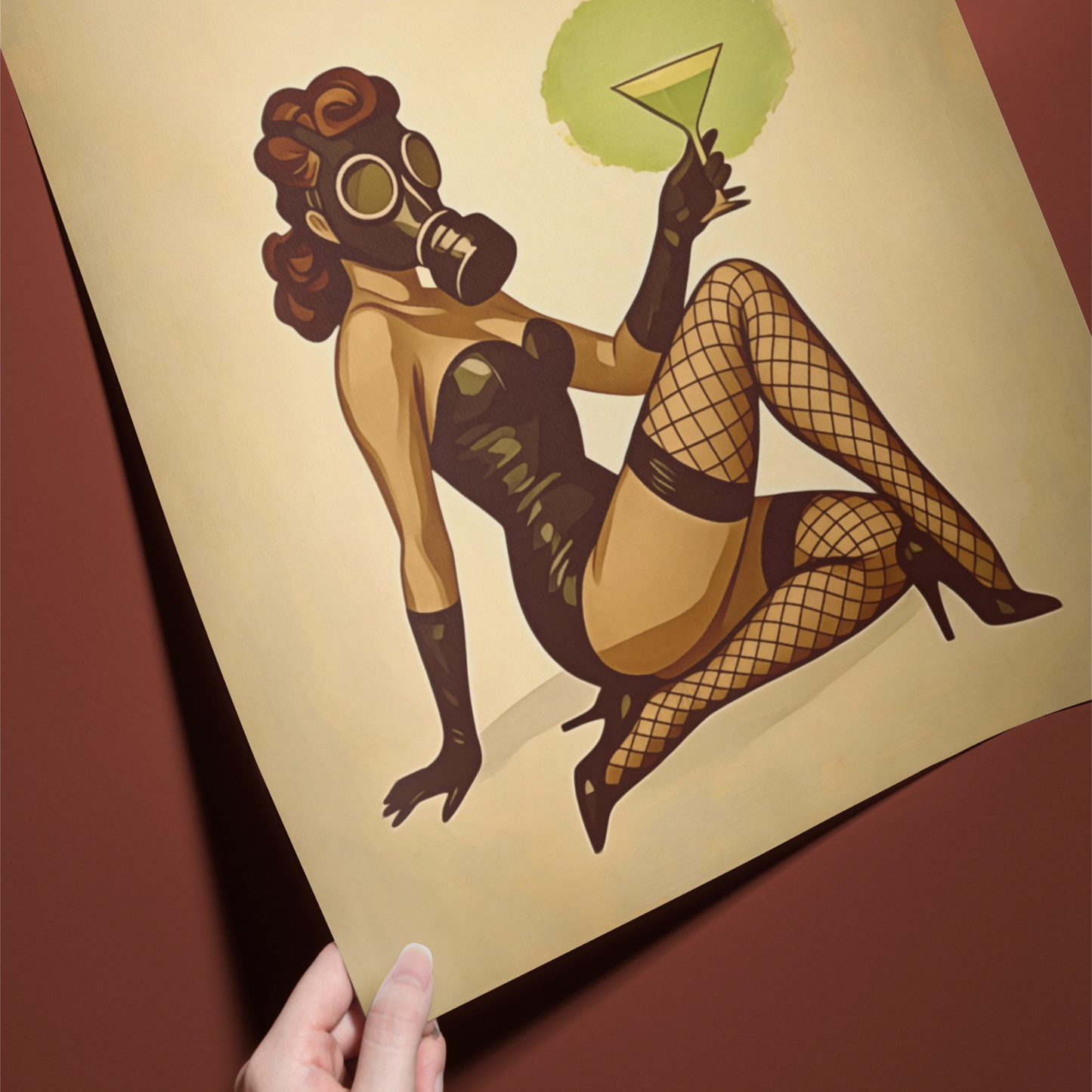 Illustration of a woman wearing a gas mask and fishnet stockings, holding a cocktail.