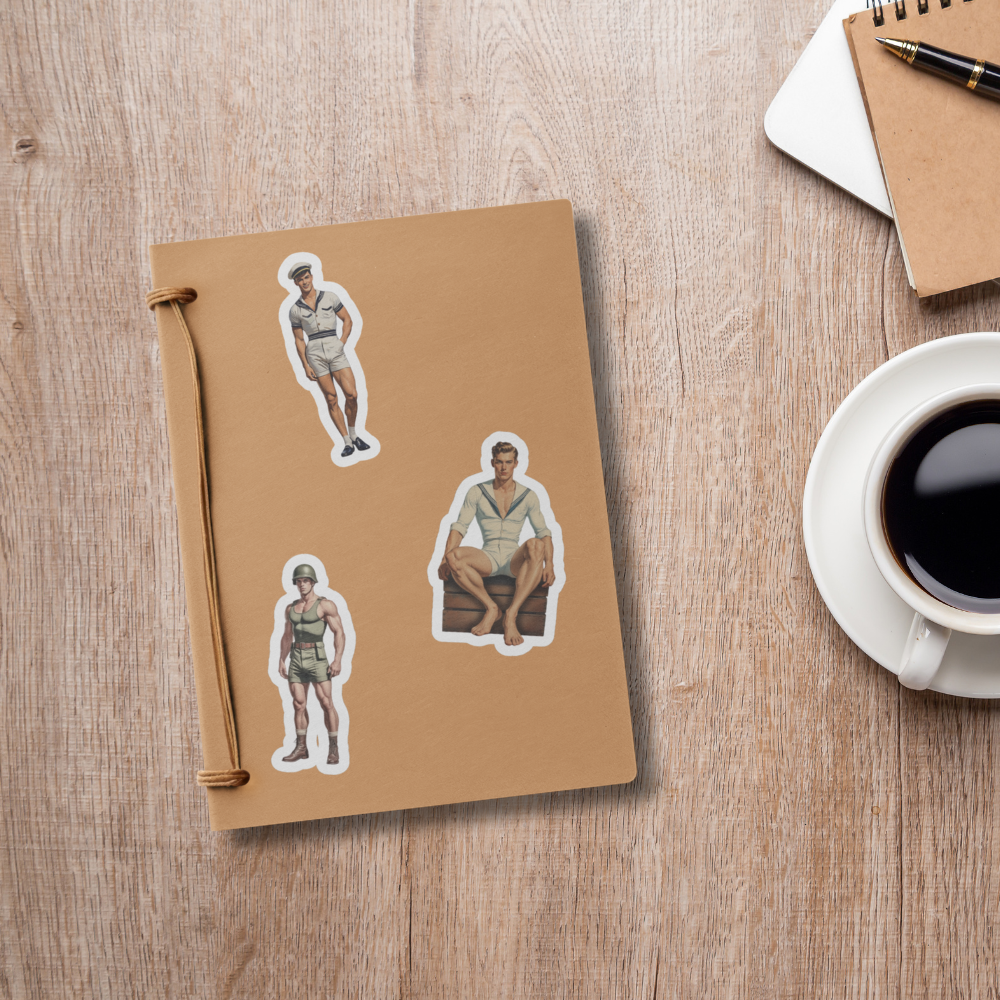 Notebook with stickers of a person on a wooden surface with a cup of coffee.