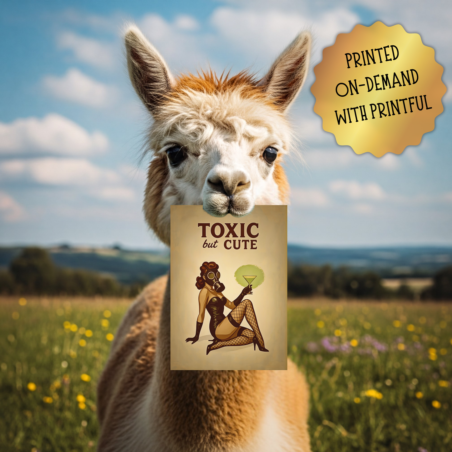 Alpaca holding a sign with 'Toxic but Cute' graphic in a field
