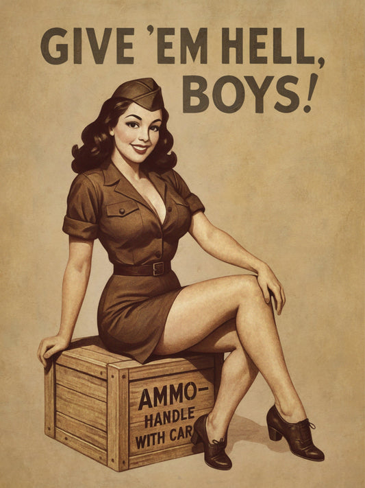Vintage Army pinup girl poster with woman sitting on wooden crate of ammunition