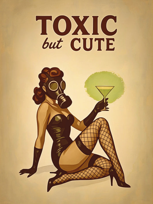Toxic But Cute Retro Pinup Girl poster with gas mask and radioactive martini