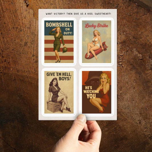 Vintage Pinup Propaganda Sticker Sheet – Retro WWII Pin-Up Girls (4 Large Stickers)