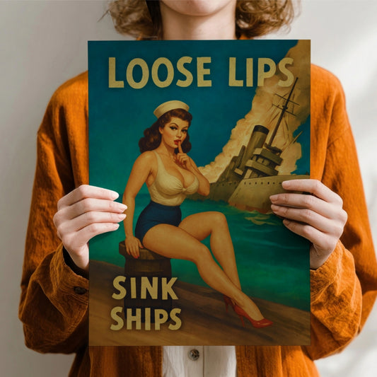 Loose Lips Sink Ships – Vintage WWII Pin-Up Poster | Retro Naval Wall Art