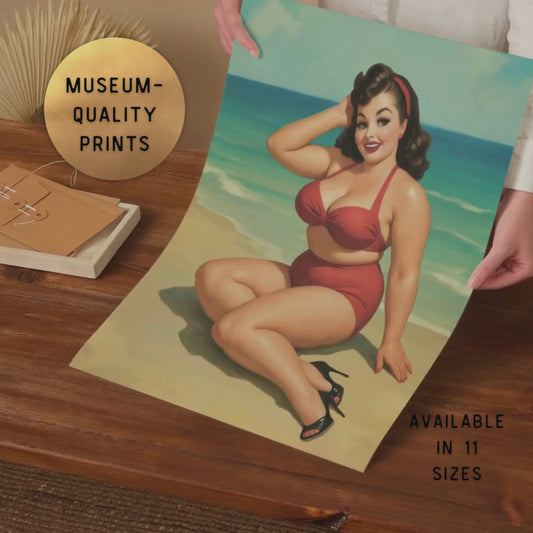 Vintage Plus Size Pin-Up Poster | Curvy Beach Girl Art Print | Glamorous Retro Pinup Decor